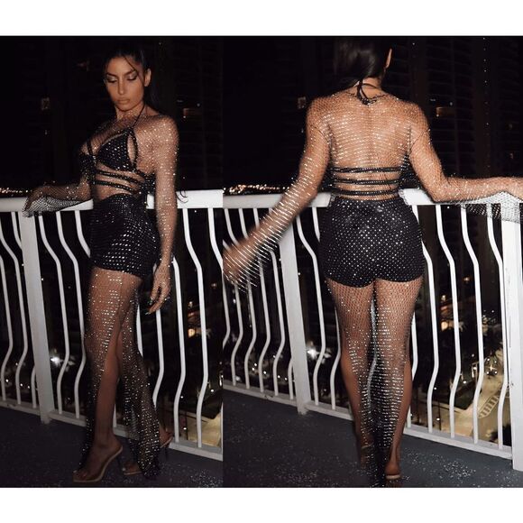 ✨💎 NWT Rhinestone Crystal Diamond Fishnet Mesh Sheer Long Sleeve Maxi Dress L - Picture 17 of 17